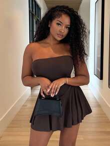 Alexandranx Women's Summer Fashion Minimalist Solid Color Bandeau Dress - Coffee Brown - View 5