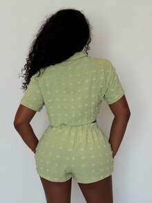 Alexandranx 全新休闲运动 2 件套女式衬衫纹理面料上衣和短裤 - 绿色 - 薄荷綠 - 查看 2