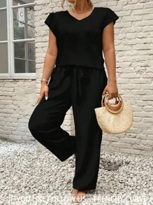 SHEIN Frenchy 2 件套女式加大码波西米亚假日风格纯色上衣和裤子套装，时尚新款春夏服装假日风格音乐节 - 彩色 - 查看 1