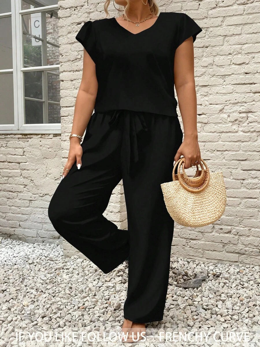 SHEIN Frenchy 2 件套女式加大码波西米亚假日风格纯色上衣和裤子套装,时尚新款春夏服装假日风格音乐节 - 彩色 - 查看 1