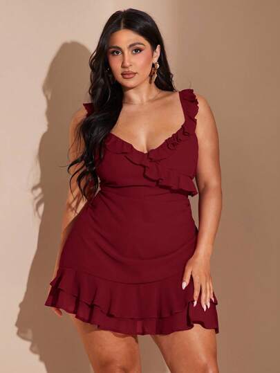 SHEIN BAE Plus Size Women's Romantic Sexy V-Neck Sweet Cute Elegant Versatile Date Night Red Ruffle Hem Mini Dress, Autumn Beach Holiday Party Short Dress/ Plus Size Ruffle Dress/ Burgundy Plus Size Dress/,Fall Clothes For Women,Valentine's Day,Valentine Outfits For Women