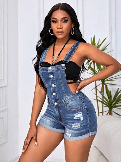 SHEIN SXY Summer Casual Ripped Denim Bib Shorts Denim Overalls
