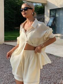 Livesso 女士亚麻休闲两件套，新款秋季系列女士家居服套装 - 黃色 - 查看 2