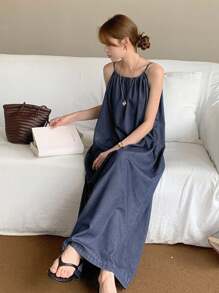 DAZY 女士夏季休闲无袖长款牛仔连衣裤 - 藍色 - 查看 6