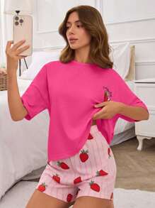 EURMUSE Cotton 2Pcs Strawberry Printed Detail Short Sleeve Shirt And Shorts PJ Set - Hot Pink - View 5