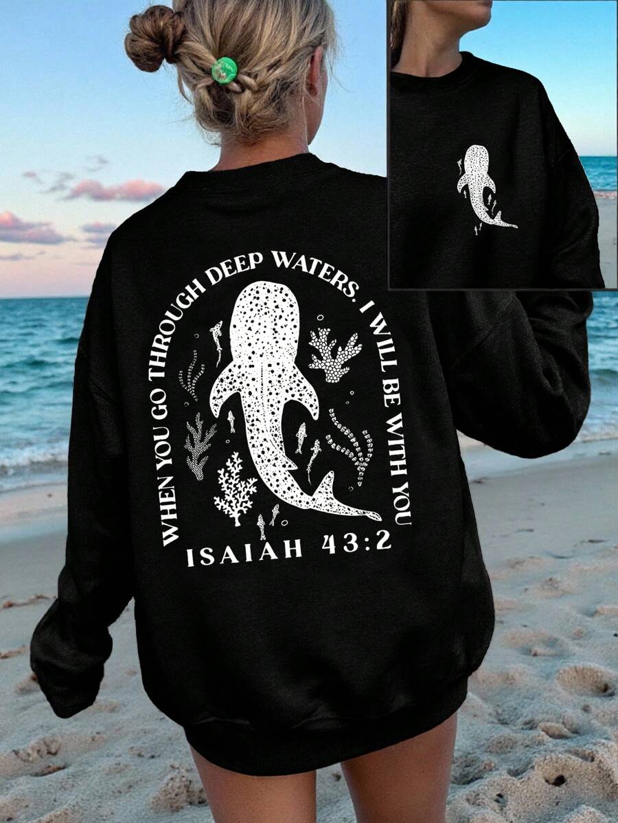 Muchica 休闲简约假日海滩鲨鱼图案印花圆领宽松女式运动衫 - 黑色 - 查看 1