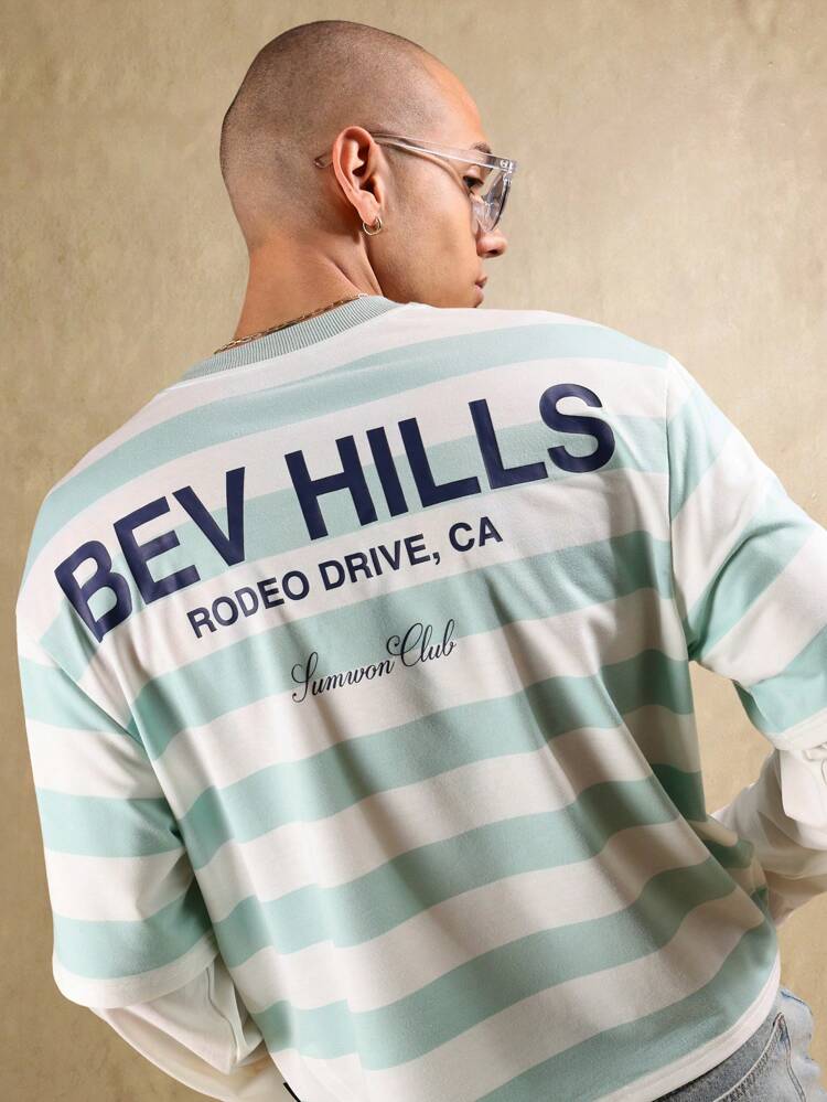 Gestreiftes T-Shirt mit mehrlagigen Ärmeln und Beverly Hills-Print