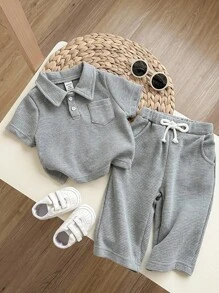 SHEIN 嬰兒男童短袖半扣領上衣和休閒長褲套裝 - 灰色 - 查看 4