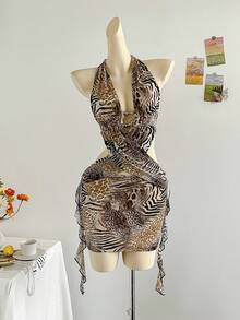 Soleia 女士性感迷你连衣裙，复古豹纹与斑马纹组合，V领，金属装饰吊带，腰部镂空，荷叶边下摆，适合派对、约会、下午茶、街头、城市度假、音乐节、海滩、夏季风格 - 彩色 - 查看 8