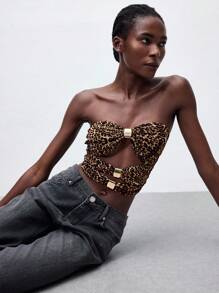 Maija Women Leopard Print Asymmetrical Hollow Out Cami Top,Shades Of Brown Summer Chic Club Night Metal Decoration Sleeveless Cropped Top,Y2K Street Style - Coffee Brown - View 7