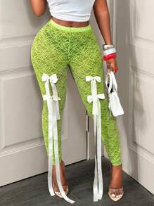 BamGleam Green Bow Decor See-Through Sexy Bodycon Leggings Back To School Fashion Fall Cloth For Women - Green - View 7
