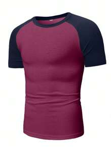 EURMUSE Camiseta de manga raglán con bloques de color 100% algodón para hombre - Burdeos - Ver 4
