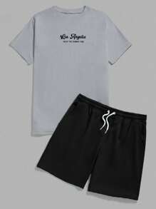 EURMUSE Set de 2 piezas de camiseta casual de manga corta con cuello redondo y estampado de eslogan, talla grande pantalón corto con cordón en la cintura para hombre - Negro - Ver 5