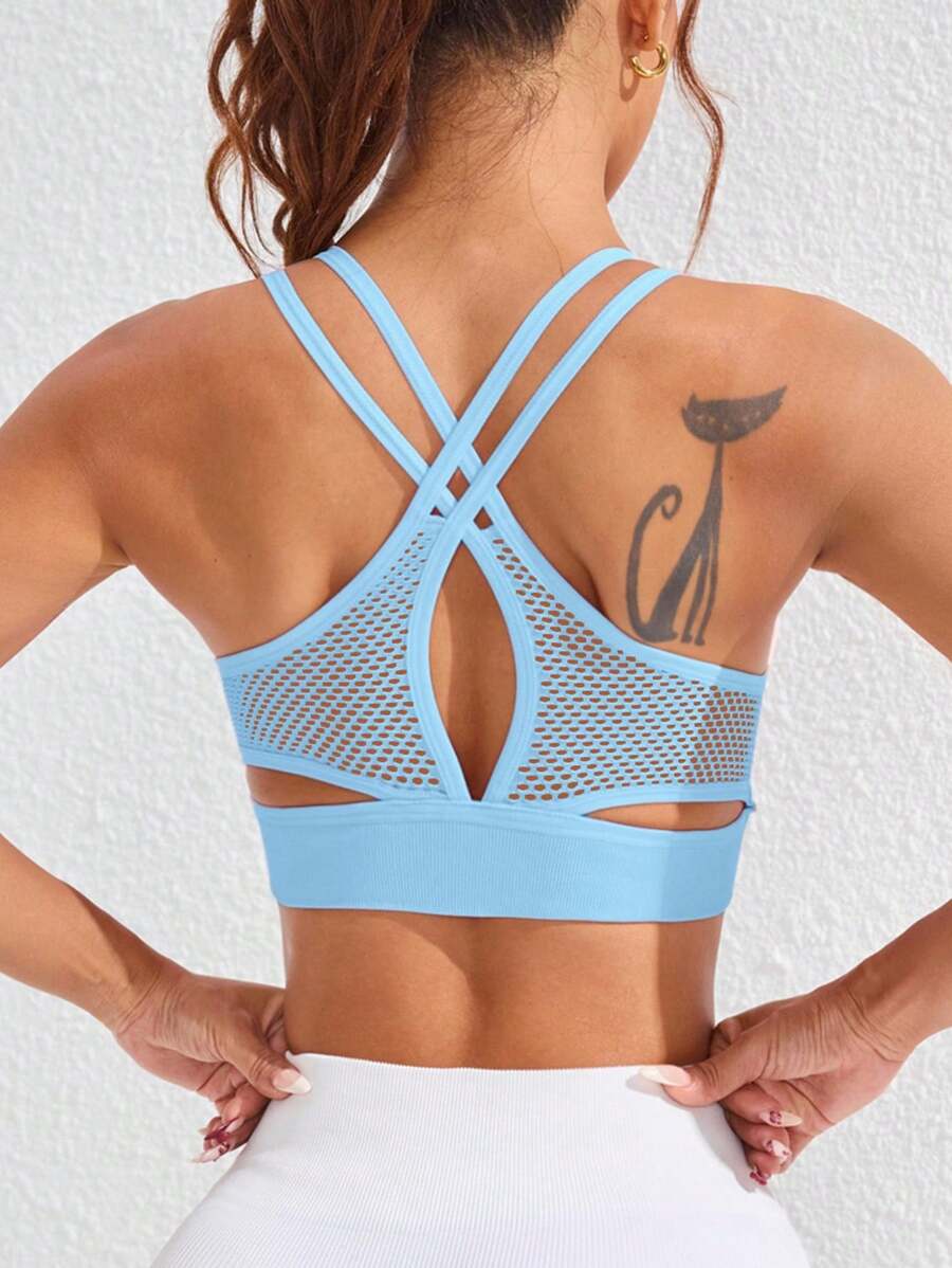 Gameset SHEIN Sport 女士纯色交叉后背无缝运动瑜伽文胸 - 淺藍色 - 查看 1