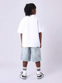 SUMWON Football Varsity Streetwear T-Shirt And Denim Shorts Co-Ord Set For Boys With Distressed Print Design And Classic Retro Summer Look - Multicolor - View 2