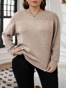 SHEIN CURVE+ 大码女士优雅休闲针织毛衣上衣，适合秋冬季节穿着 - 卡其色 - 查看 5