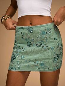 SHEIN BAE 春季女士西部公路旅行派对，刺绣亮片细节中腰女士半身裙，适合派对、休闲外出、节日庆典、街头活动 - 薄荷綠 - 查看 6