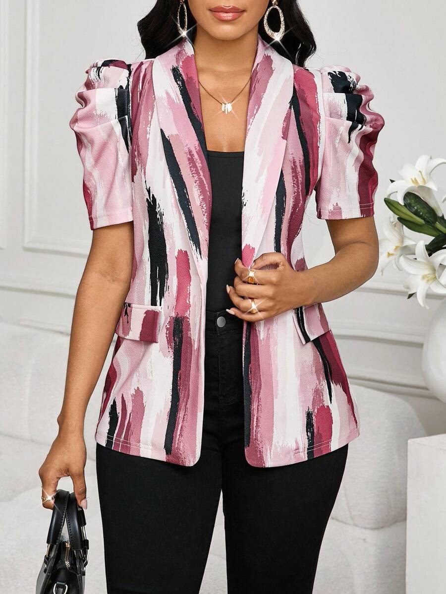 SHEIN Lady Blazer corto da donna con maniche a palloncino e bottoni in resina con risvolto - Multicolore - Visualizzare 1