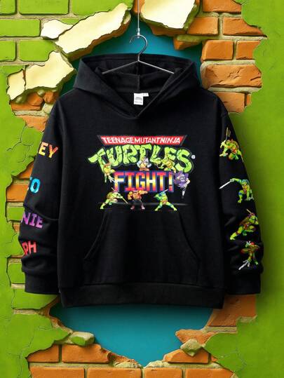 TEENAGE MUTANT NINJA TURTLES | SHEIN 青少年男孩卡通彩色英文图案黑色休闲卫衣，秋冬季款