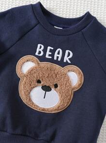 Cozy Pixies Áo nỉ dài tay cổ tròn dệt kim mềm mại họa tiết gấu bông hoạt hình dễ thương cho bé trai, thích hợp cho mùa thu/đông, trở lại trường, quần áo mùa thu, thoải mái dễ chịu, nhiều lớp quần áo mùa thu cho trẻ em, trẻ em thời trang, trang phục thường ngày - Màu xanh lam - Xem 4