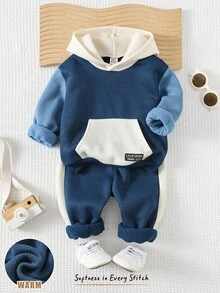 Cozy Pixies 2pcs/Set Baby Boy Contrast Color Knit Soft Hooded Pullover Sweatshirt & Elastic Waist Pants Set Fall Winter