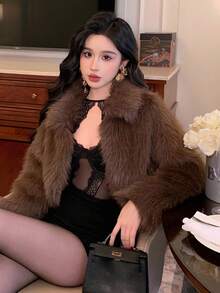 DAZY 女士仿毛皮宽松休闲商务外套，适合新年、圣诞节、婚礼、派对、时尚场合，秋冬季女式外套 - 棕色 - 查看 7