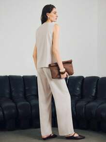 Uhlyne Uhlyne Women's Linen Asymmetrical Hem Button-Front Cardigan & Matching Pants Set,Beige,Summer,Chic,Brunch Vacation Style Solid Color Casual Work Wear - Apricot - View 4