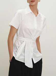 BizChic 2025 年夏季音乐节派对衬衫，适合婚礼宾客、早午餐、都市时尚通勤、日常百搭优雅休闲工作约会毕业衬衫，领带领白色衬衫，女士