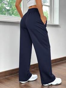 SHEIN EZwear 海军蓝直筒宽松休闲运动裤，适合居家和运动 - 藏蓝色 - 查看 2