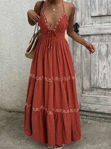 SHEIN EZwear Váy cổ yếm dệt Bohemian màu nâu gỉ sét dành cho nữ - Rỉ Nâu - Xem 4