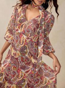 Florisole Vestido de mujer con estampado de paisley vintage bohemio, cuello en V, cintura con lazo y mangas farol, para primavera/otoño - Multicolor - Ver 3