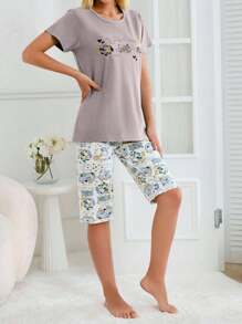 EURMUSE Conjunto de pijama de 2 piezas de 100% algodón con estampado de animales lindos, que incluye camisa y pantalón capri - Marrón Mocha - Ver 4