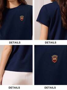 Briarwyn 女士刺绣圆领休闲百搭夏季短袖T恤返校服复古风女装图案T恤 - 藏蓝色 - 查看 10