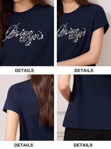 Briarwyn Women's Casual Round Neck Faux Pearl Beaded Alphabet Pattern Short Sleeve T-Shirt, Summer,Fall Women Clothes,Old Money Style Women,Vacation Outfits Woman - Navy Blue - View 9