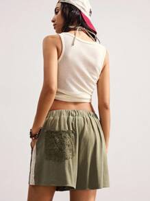 Bohemela BOHO 复古休闲编织拼接网眼刺绣宽松拼布女式短裤，乡村风格度假夏/秋季，适合度假和日常穿着流苏短裤刺绣短裤女式短裤夏季宽松短裤舒适短裤 - 軍綠色 - 查看 6