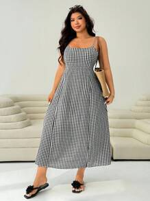 Solflare Váy kẻ caro mùa hè cỡ lớn có dây buộc bướm có thể điều chỉnh ở phía sau - Đen và trắng - Xem 4