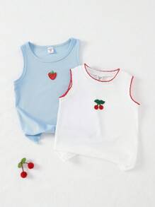 2pcs Girls Blue Textured Camisole & White/Red Cherry Special Craft Camisole Set, Undershirt Kids Summer Tank Tops Girls Tops Summer Kids Sleeveless Cute Tops
