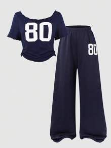 Sparklyn 少女数字印花短袖上衣和直筒裤休闲夏季两件套 - 藏蓝色 - 查看 7