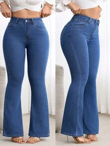 Flexra Plus Size Dark Blue Washed High Waist Slim Fit Flare Jeans