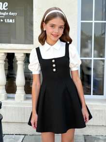 SHEIN Vestido de manga corta informal con cuello, mangas abullonadas y corte de color en bloques para niñas preadolescentes