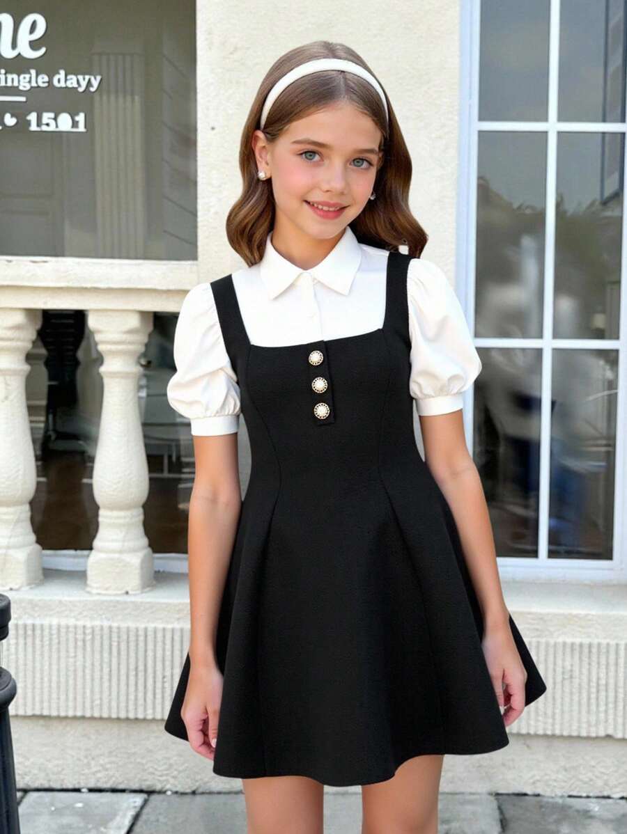 SHEIN Vestido de manga corta informal con cuello, mangas abullonadas y corte de color en bloques para niñas preadolescentes