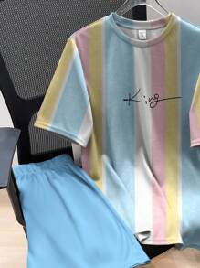 Conjunto informal de 2 piezas para niño preadolescente con estampado de rayas y nombre de ciudad de estilo de vacaciones elegante, adecuado para verano, vacaciones, exterior, deportes