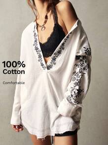 Bohemela Áo sơ mi cổ khoét thêu họa tiết cây cỡ lớn dành cho kỳ nghỉ - trắng - Xem 1