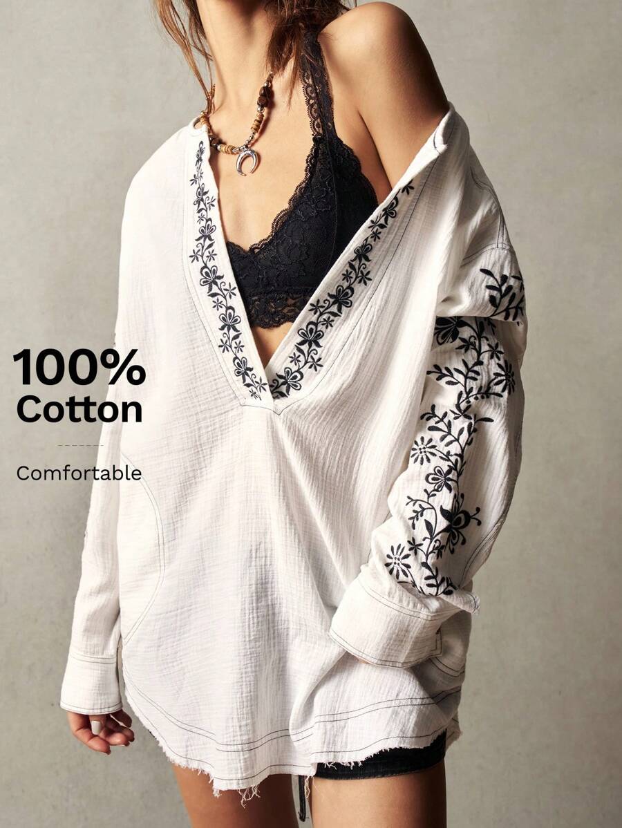 Bohemela Áo sơ mi cổ khoét thêu họa tiết cây cỡ lớn dành cho kỳ nghỉ - trắng - Xem 1