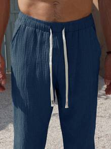 VENTUSAIL Quần Capri cotton trơn màu có dây rút cho nam, quần Capri ngắn có dây rút cho nam, quần short dài cho nam, quần đi biển cho nam, quần mùa hè cho nam, quần short thường ngày cho nam - Màu xanh hải quân - Xem 5