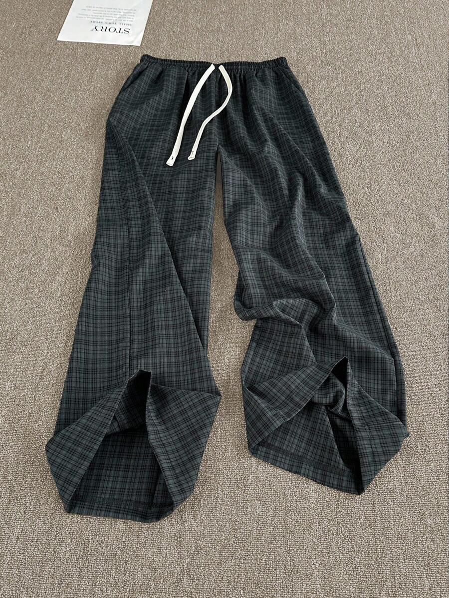 Manfinity Dauomo 男士格纹宽松直筒裤，美式休闲休闲裤，秋季 - 灰色 - 查看 1