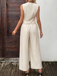 EMERY ROSE Damen Einfarbiger Weste & Hose Anzug Leinen Zwei-Teiler Set Sommer Hosenanzug Damen Leinen Sommer Set Gestreiftes Leinen Set Leinen Weste und Hose Set für Herbst/Winter