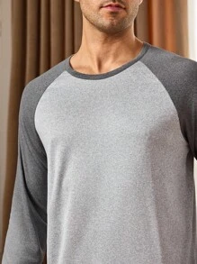 Manfinity Underwear&Sleepwear Basics 2PCS Men's Contrast Color Patchwork Long Sleeve Top & Pants Pajama Set Basic Loungewear Sleep, Fall Winter Clothes - Light Grey - View 7