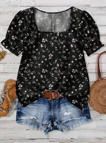 EMERY ROSE 大码女式花卉印花方领短袖衬衫，休闲浪漫，适合夏季，黑色 - 彩色 - 查看 6