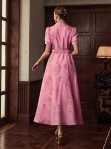 ZEYLAH Women's Floral Jacquard Puff Sleeve Elegant Long Shirt Dress - Pink - View 3